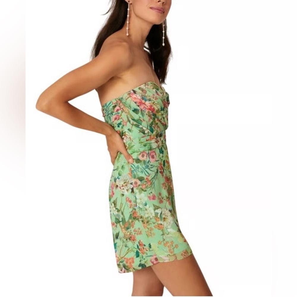 JAYGODFREY Lydia Romper Strapless Pleated Chiffon Green and Pink Floral Pantsuit - Picture 5 of 13